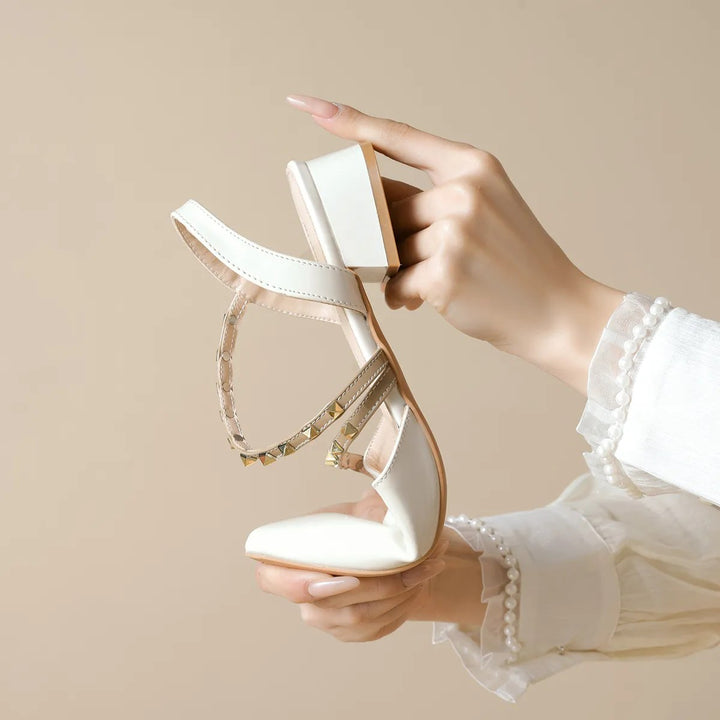 Orthopedic heeled slingback sandals with studded straps, white