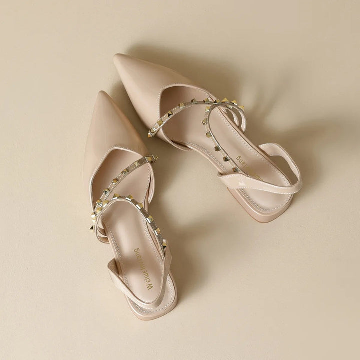 Orthopedic heeled slingback sandals with studded straps, beige