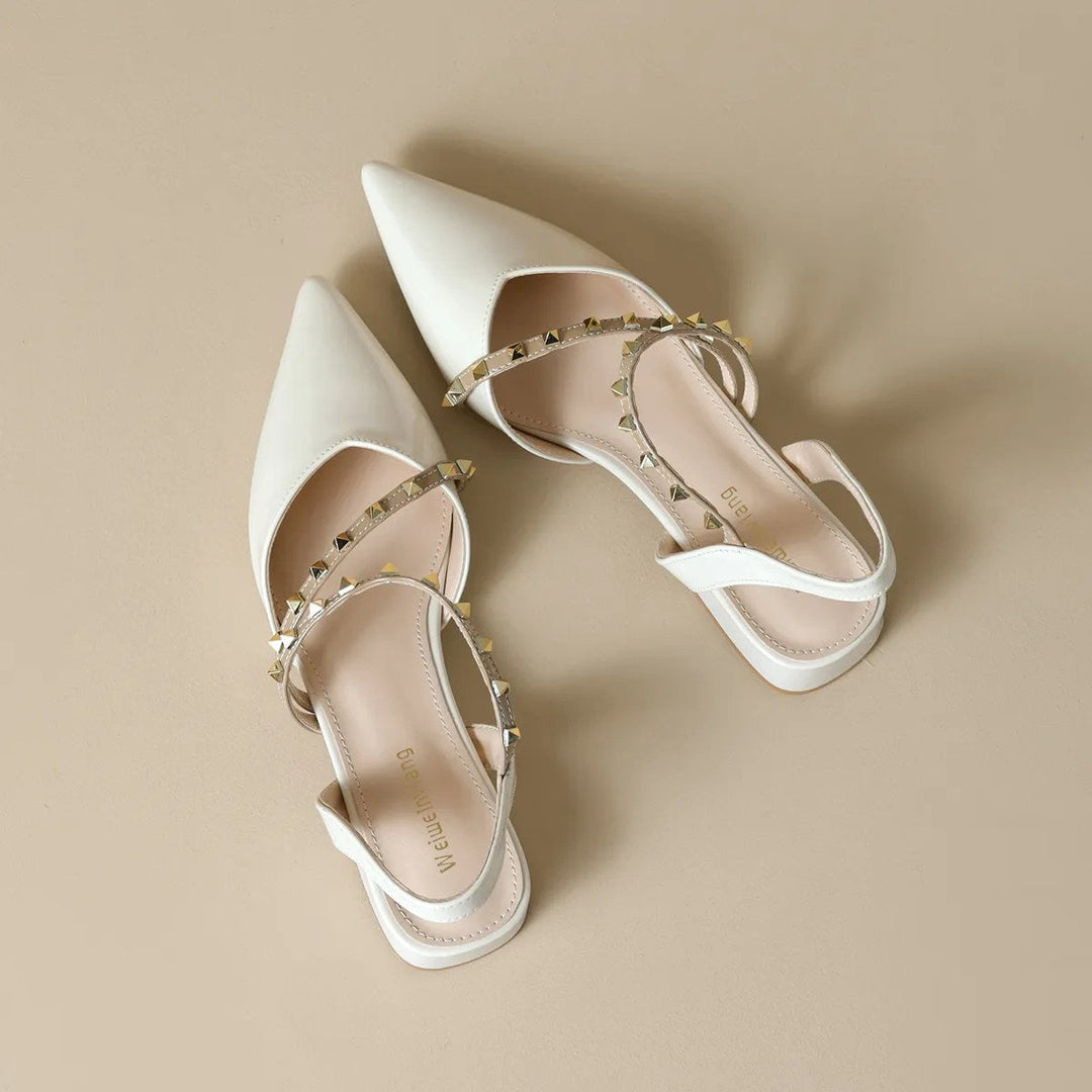 Orthopedic heeled slingback sandals with studded straps, white-beige