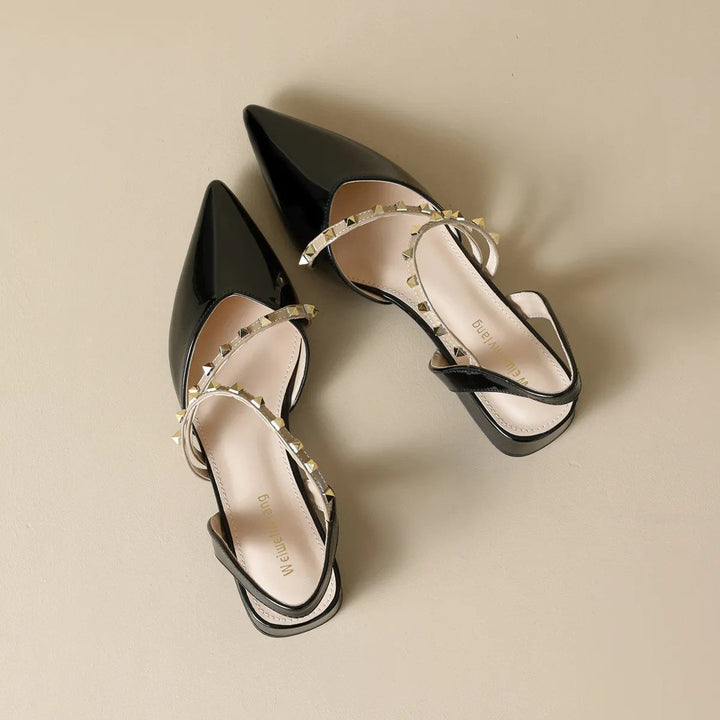 Orthopedic heeled slingback sandals with studded straps, black