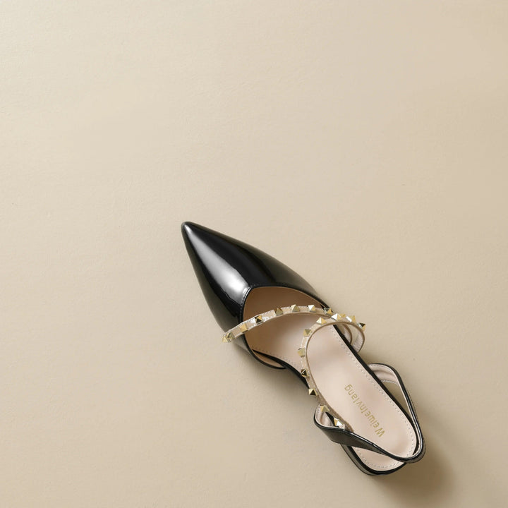 Orthopedic heeled slingback sandal with studded straps, black