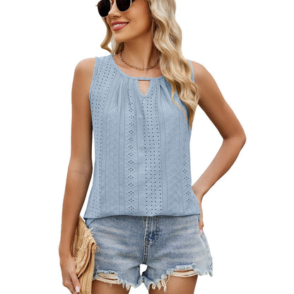 Light blue sleeveless loose-fit top with keyhole neckline and dotted eyelet pattern
