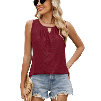 Maroon sleeveless loose-fit top with keyhole neckline and dotted eyelet pattern