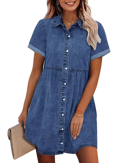 Dark blue denim shirt dress with button front, short sleeves, gathered yoke