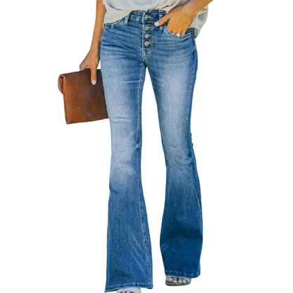 Blue high-waist flared jeans with vintage wash and flared hem at ankle