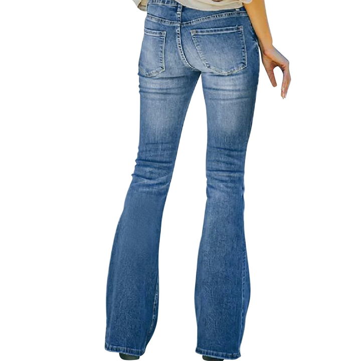 Blue high-waist flared jeans with back pockets and curved yoke stitching