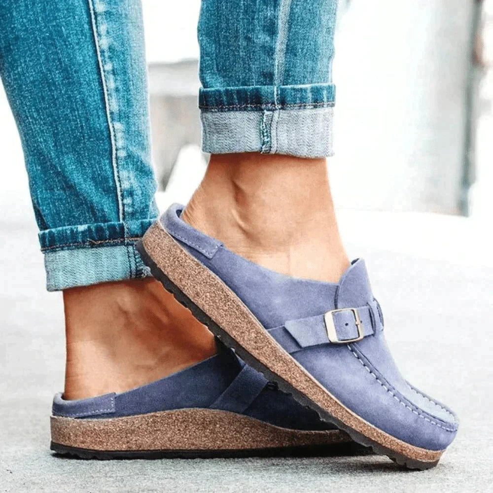 Heidi orthopedic slippers in blue suede with strap and silver buckle detail
