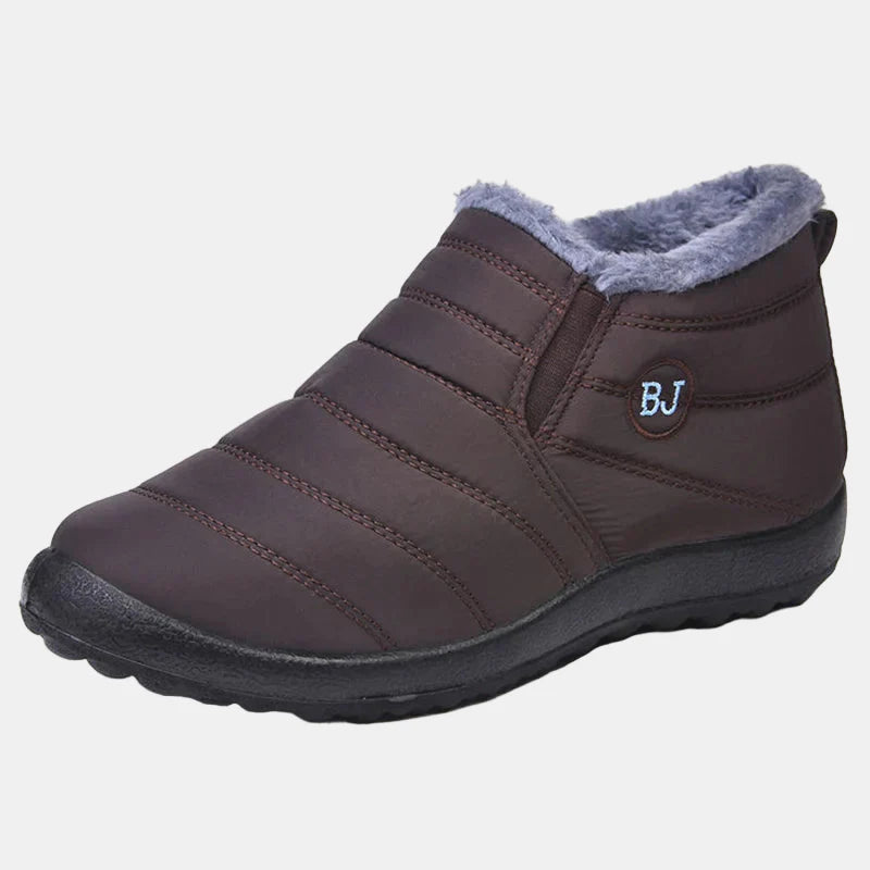 Brown waterproof winter ankle boots with gray faux-fur collar and stitched panels