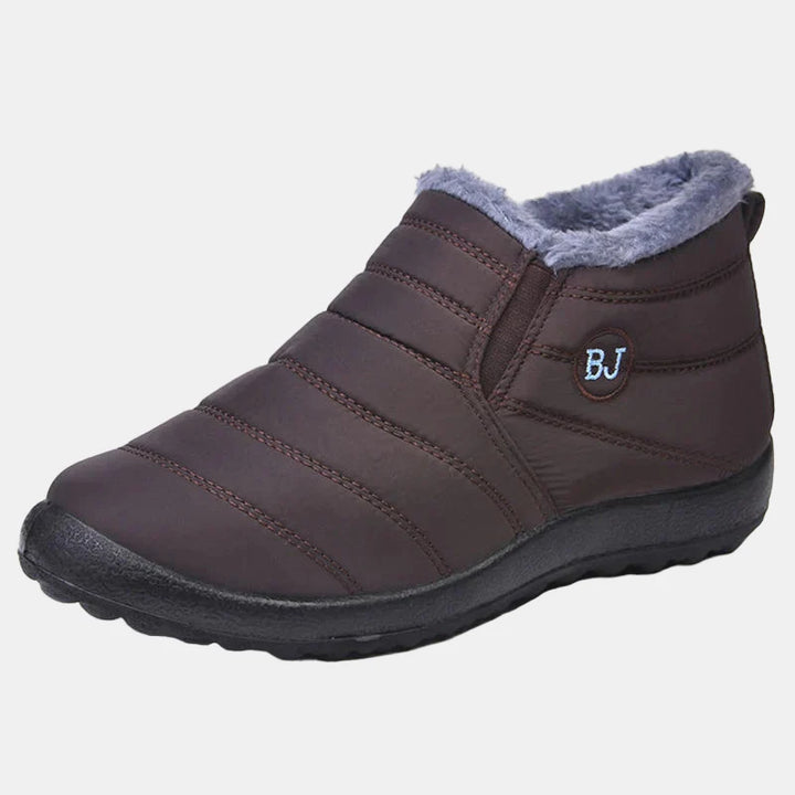 Brown waterproof winter ankle boots with gray faux-fur collar and stitched panels