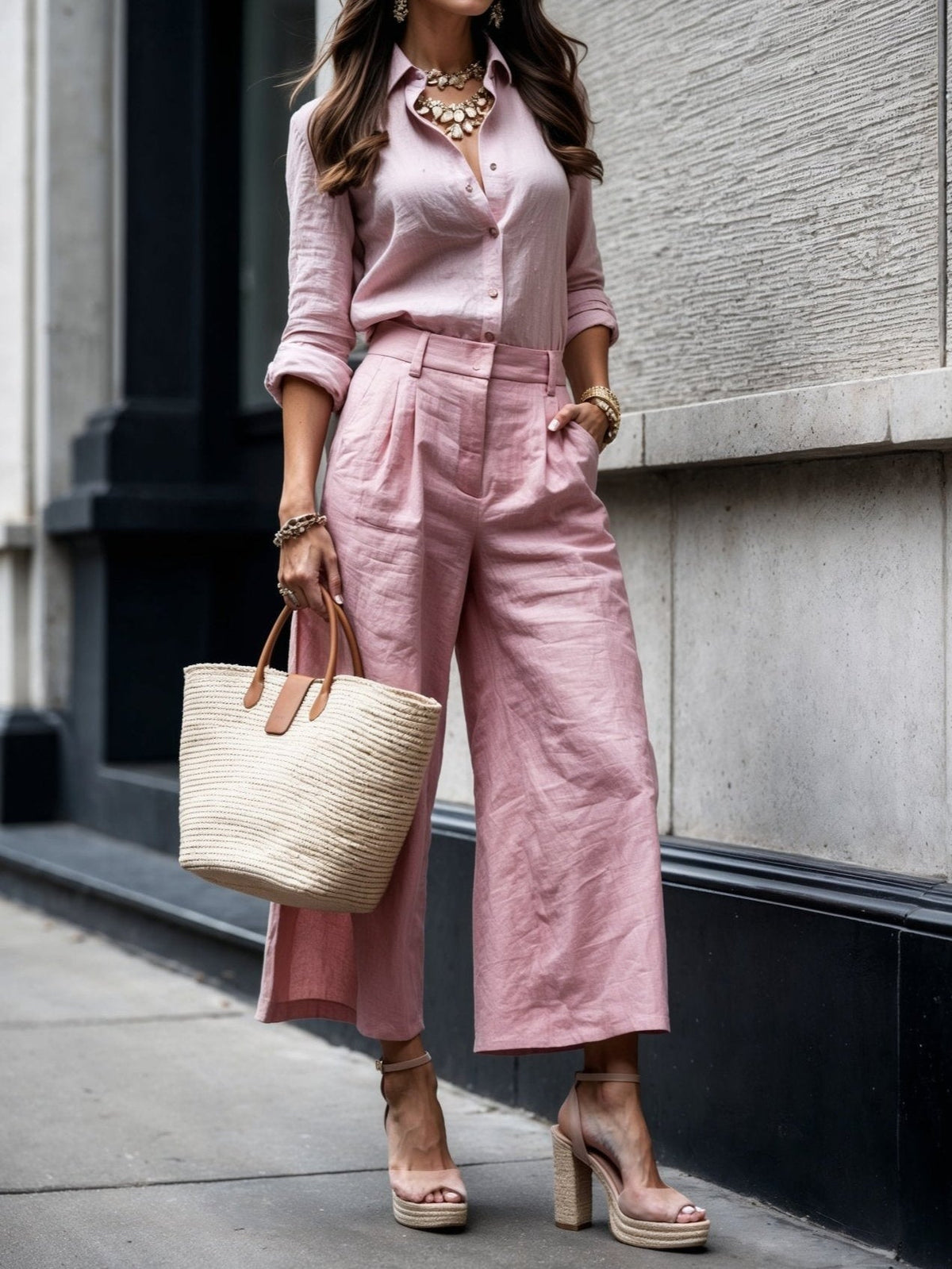 Pink button-front shirt with matching wide-leg capri trousers
