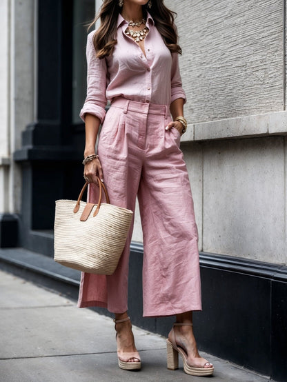 Pink button-front shirt with matching wide-leg capri trousers