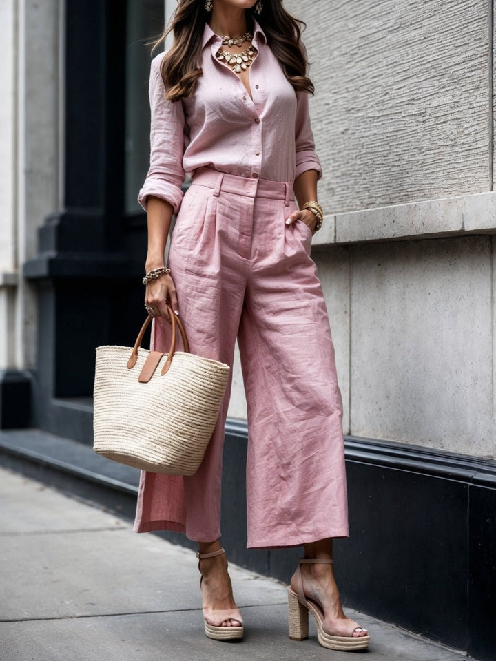 Pink button-front shirt with matching wide-leg capri trousers