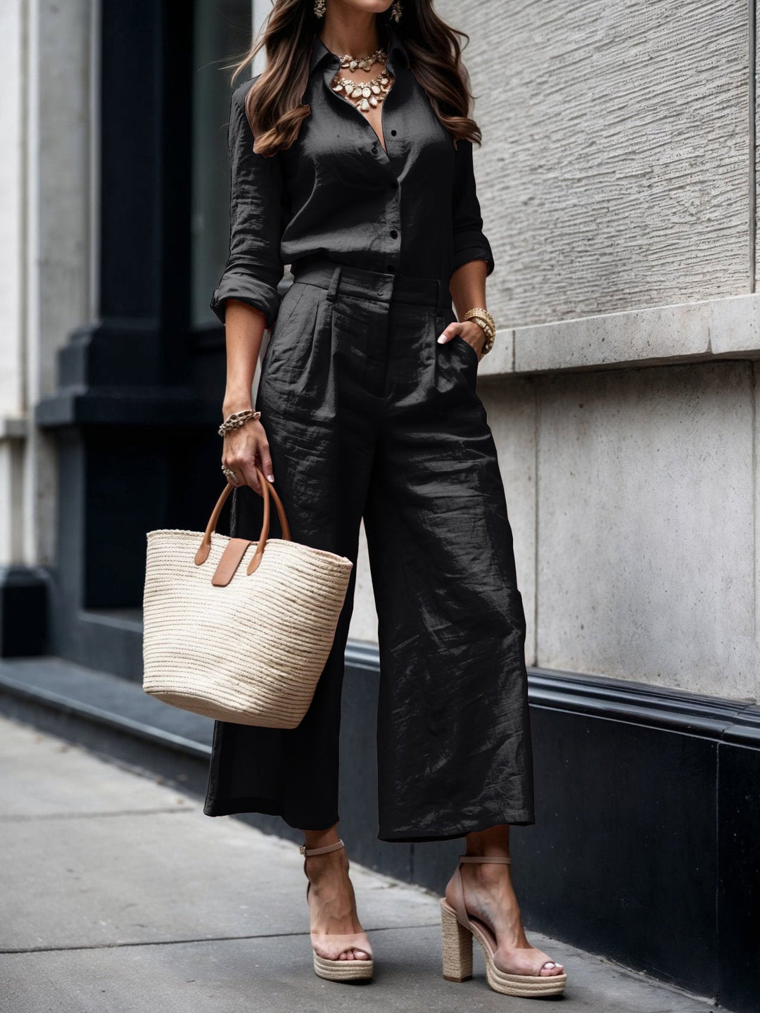 Black button-front shirt with matching wide-leg capri trousers