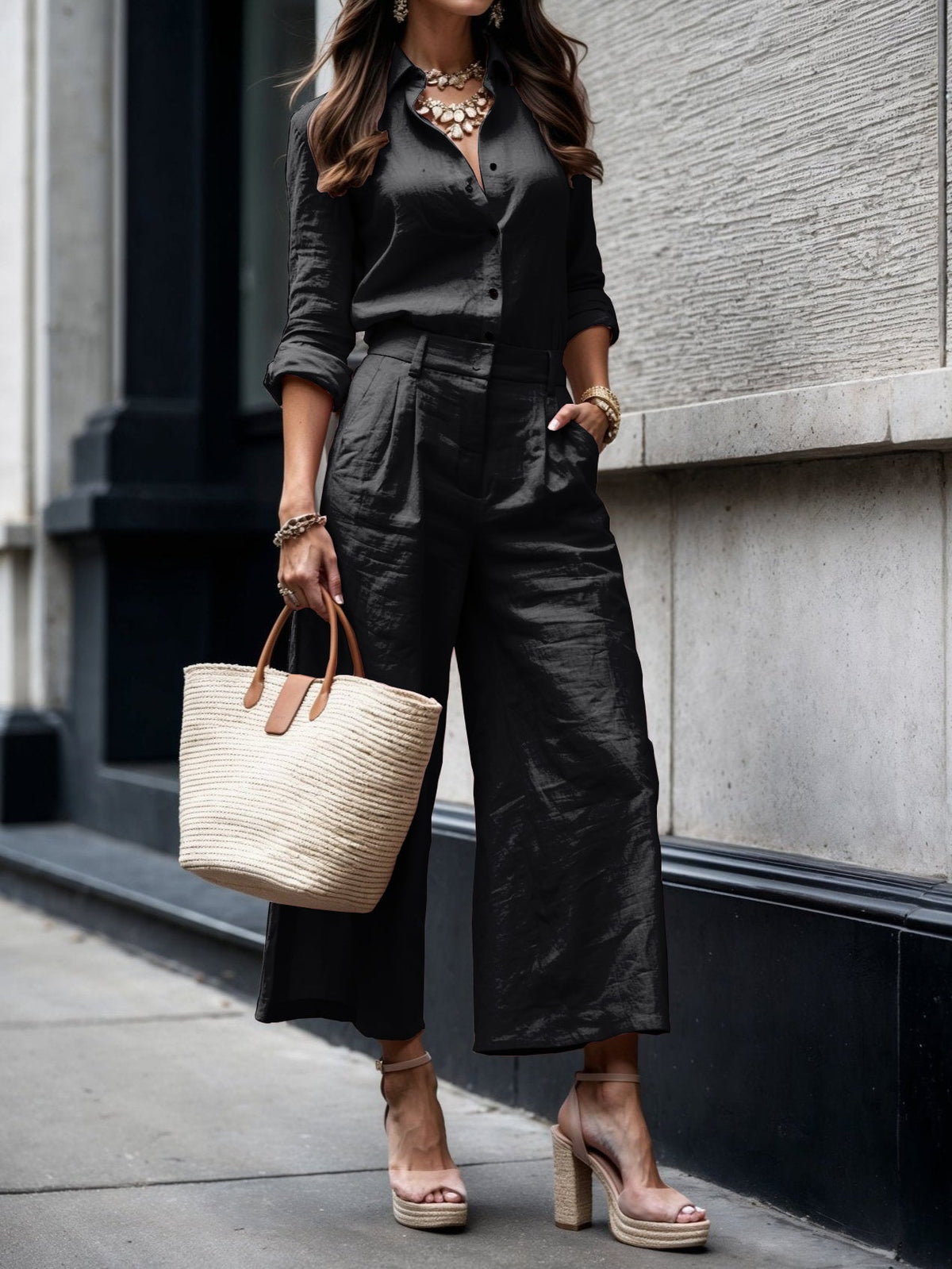 Black button-front shirt with matching wide-leg capri trousers