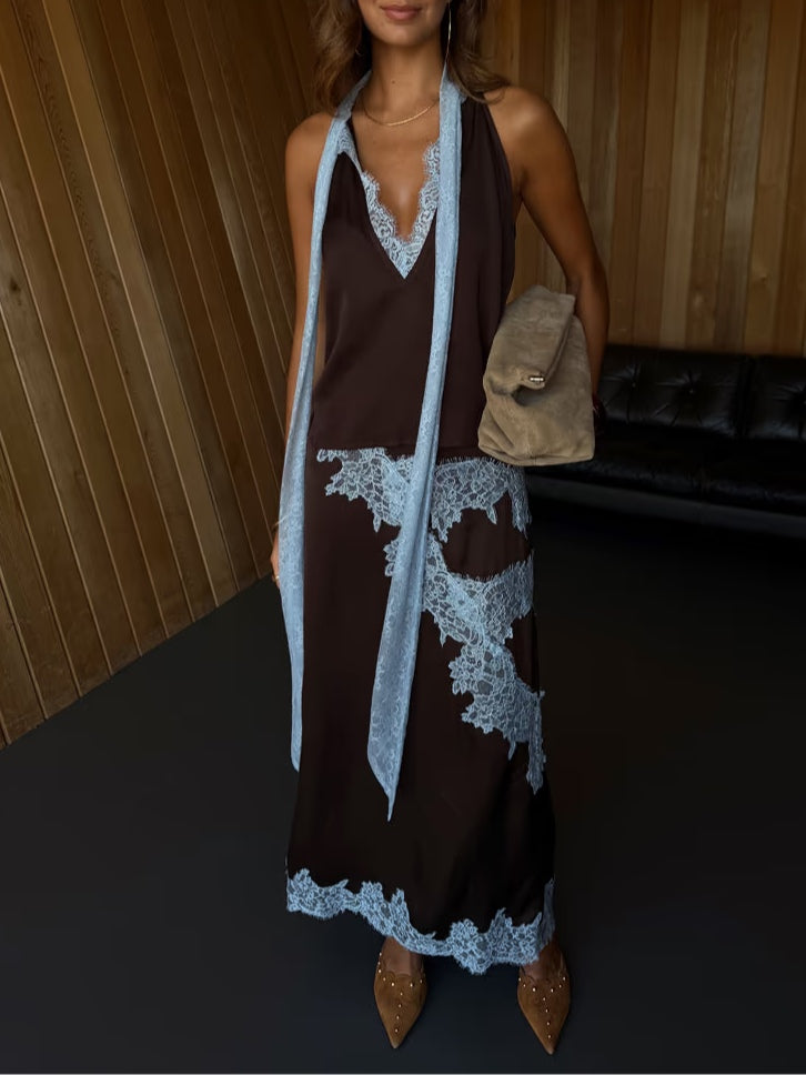 Lace-trimmed two-piece set: dark brown dress with light blue lace open-front shawl