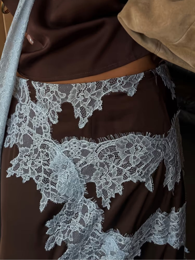 Light blue floral lace trim on dark brown dress, lace two-piece set