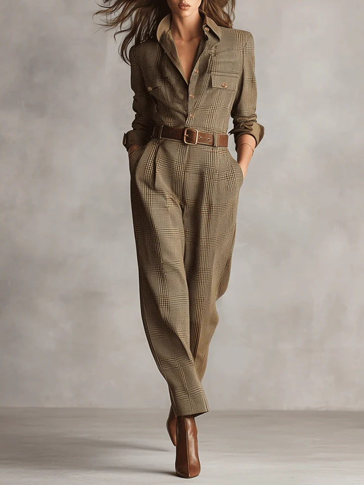 Brown tweed plaid utility jumpsuit with collared V-neck, long sleeves, and belt