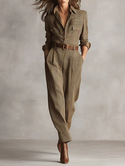 Brown tweed plaid utility jumpsuit with collared V-neck, long sleeves, and belt