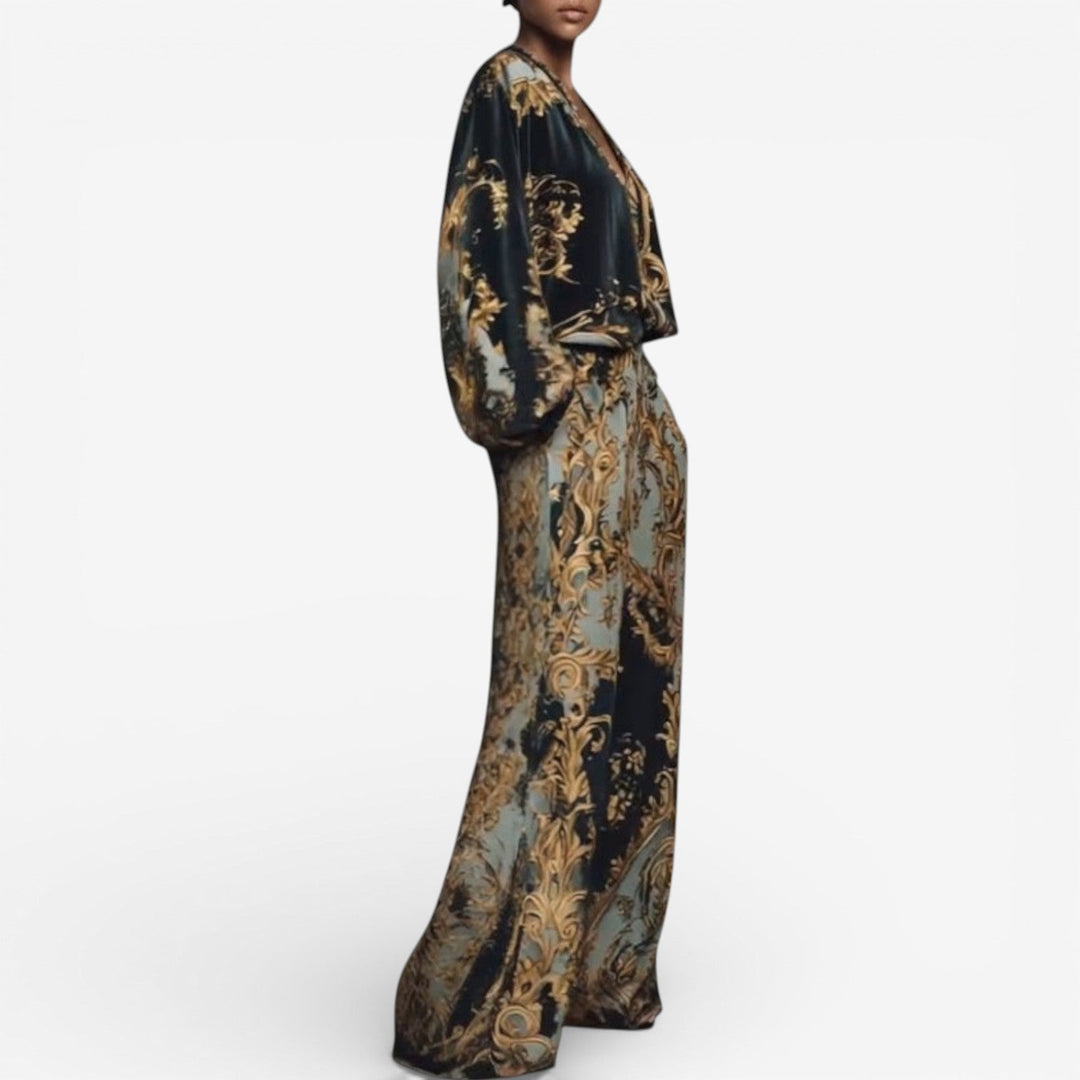 Printed long-sleeve top and flowing wide-leg trousers, ornate gold and blue