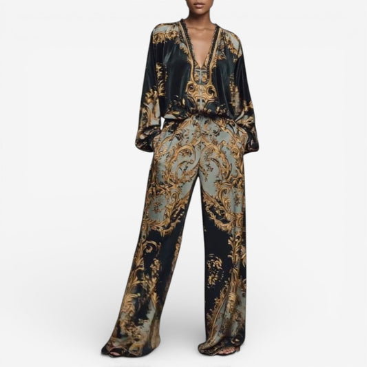 Printed set with deep V long sleeves and wide-leg pants
