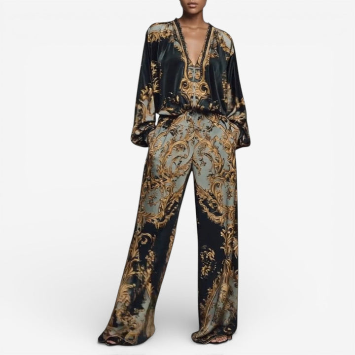 Printed set with deep V long sleeves and wide-leg pants