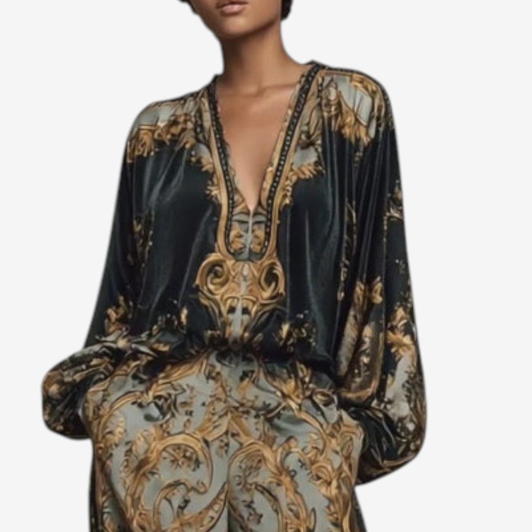 Printed deep V blouse top with ornate trim and long sleeves