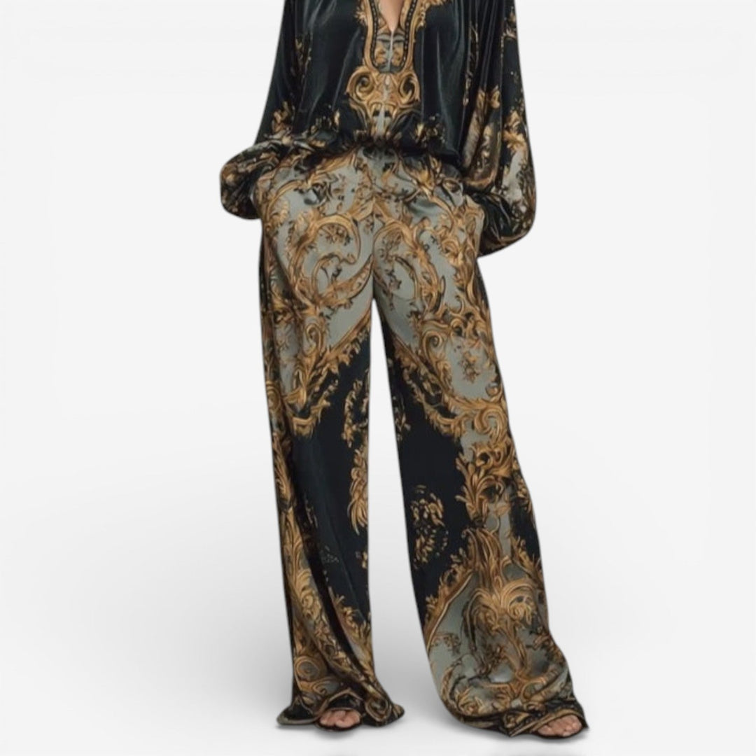 Printed wide-leg trousers with ornate scroll motifs