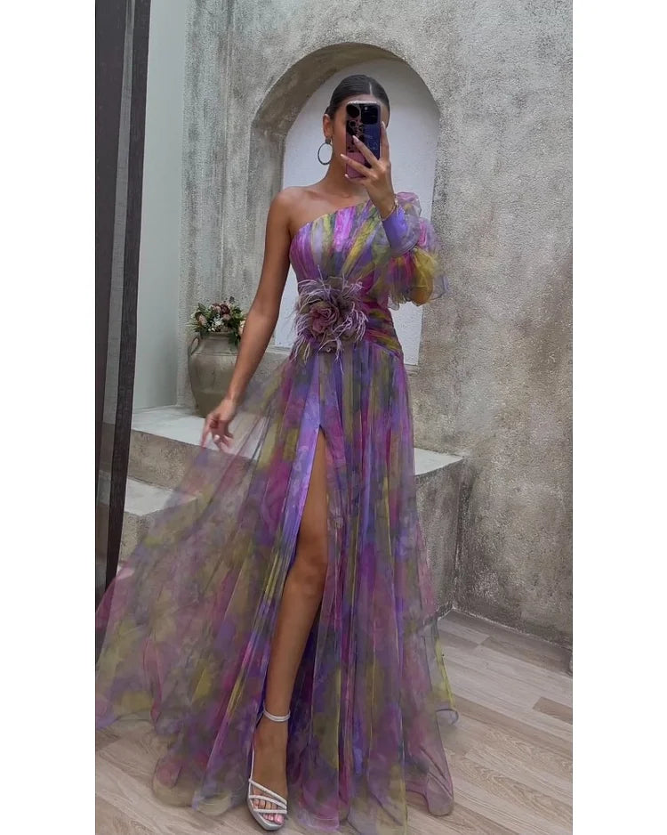 One-shoulder long-sleeve tulle dress, multi-color striped with thigh-high slit