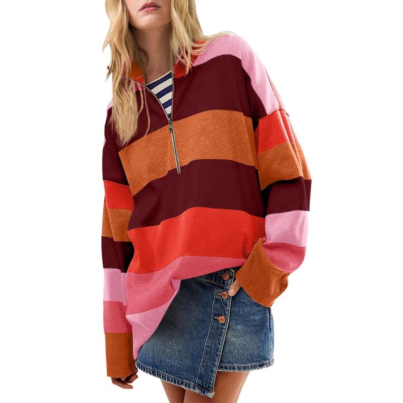 Oversized turtleneck sweater with maroon, orange striped half-zip