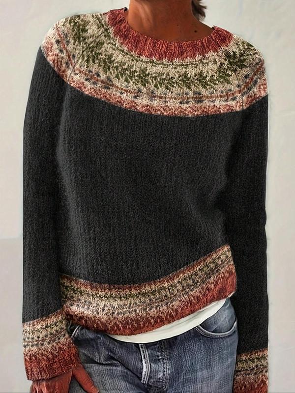 Black knit sweater with multicolor stripe crew yoke and ribbed cuffs