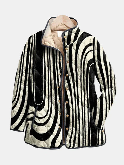 Casual quilted jacket with bold abstract geometric stripe pattern, front button placket.