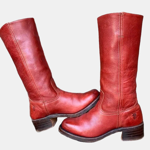 Zoey orthopedic boots, red tall pull-on with side gore and low wooden block heel