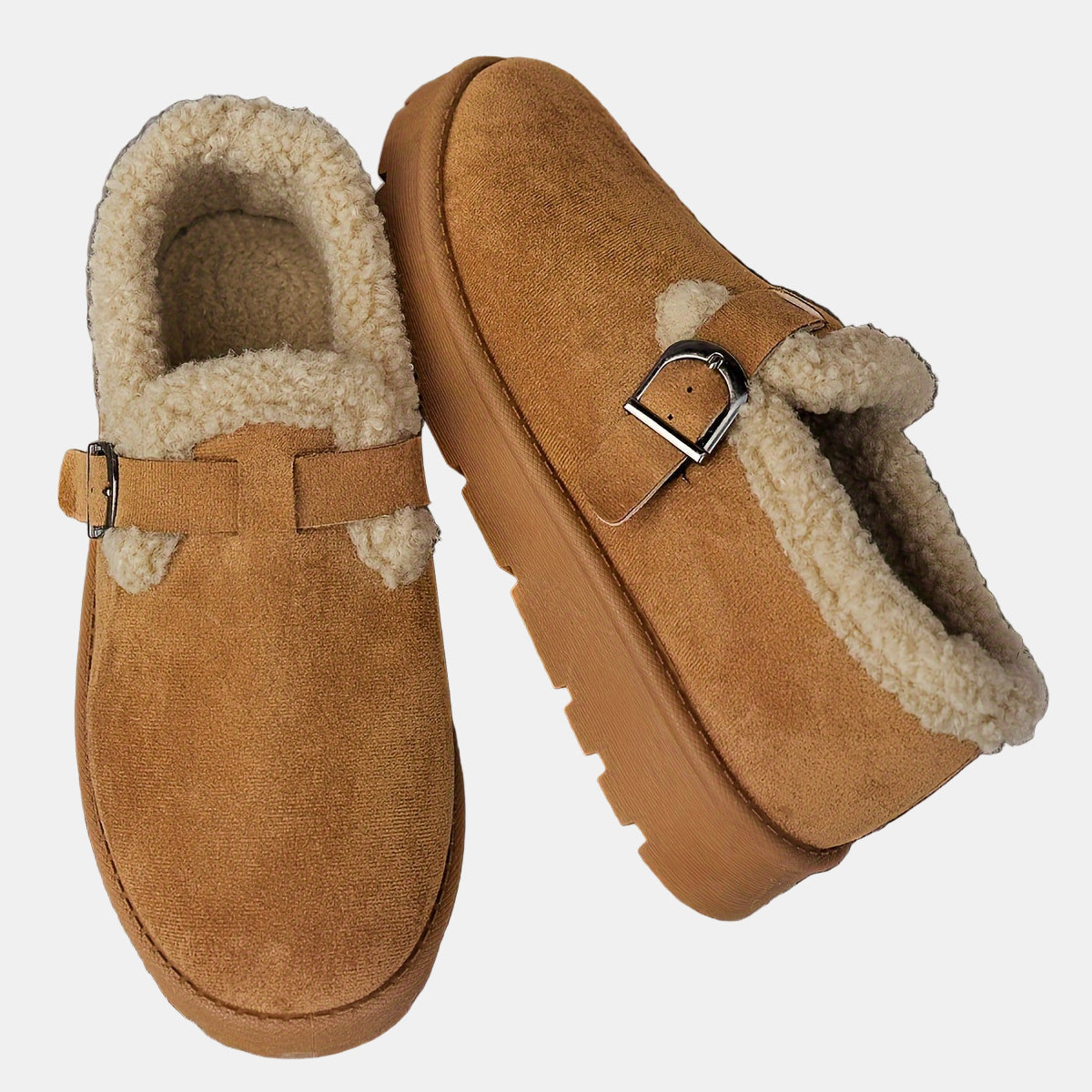 Tan-brown fleece-lined ankle boots, closed toe with metal buckle strap and plush lining
