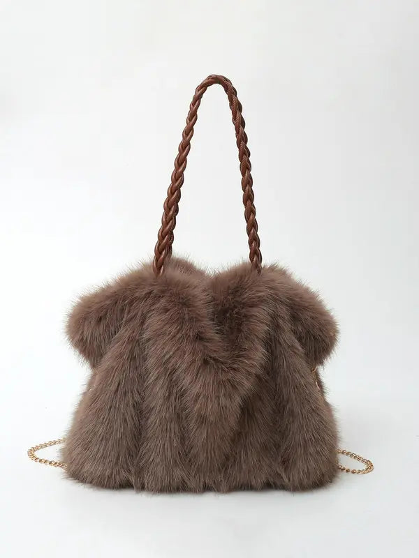 Plush faux-fur shoulder tote with braided rope handles and gold chain strap, chocolate-brown