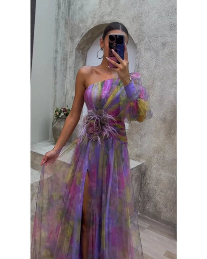 One-shoulder long-sleeve tulle dress with one-sided sleeve, multi-color stripes