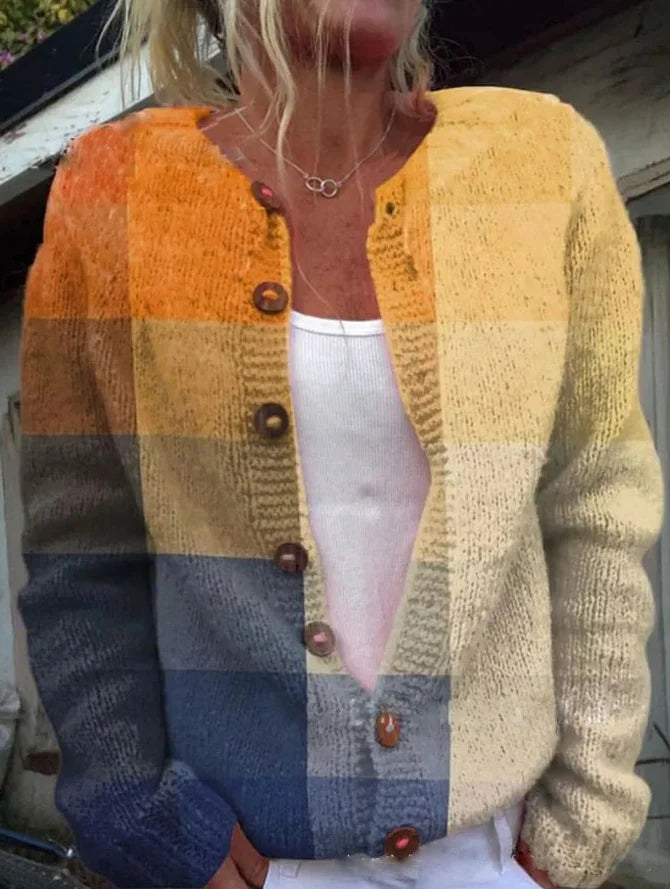 Yellow vintage cardigan with color-block stripes, V-neck and button front, long sleeves