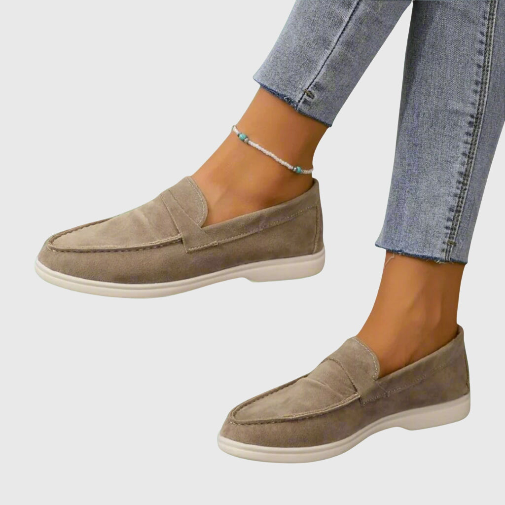 Camel suede orthopedic loafers, slip-on design with stitched moc toe and white sole