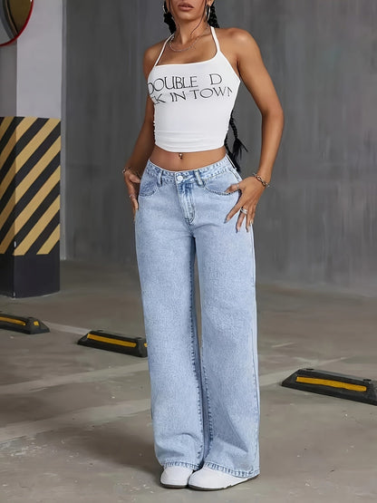 Light blue high-waisted wide-leg denim jeans with front button fly and stitched seams