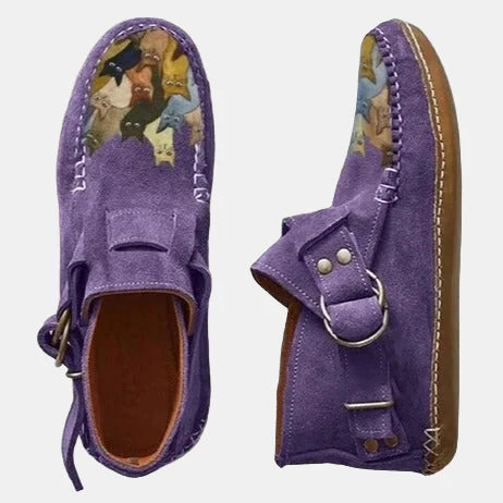 Printed ankle boots in purple suede with buckle strap and lace tie, animal print lining