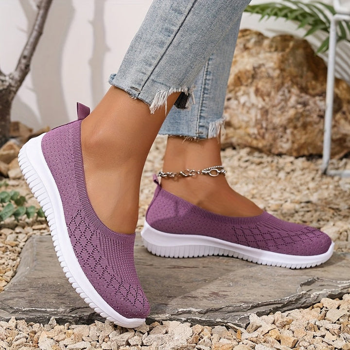 Non-slip knit slip-on shoes, purple with white rubber sole