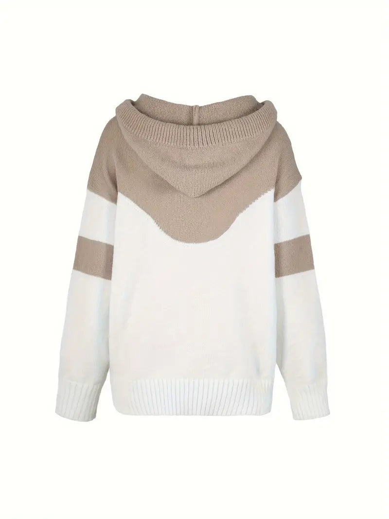 Grey and white dual-tone hoodie with hood and drawstring, back view