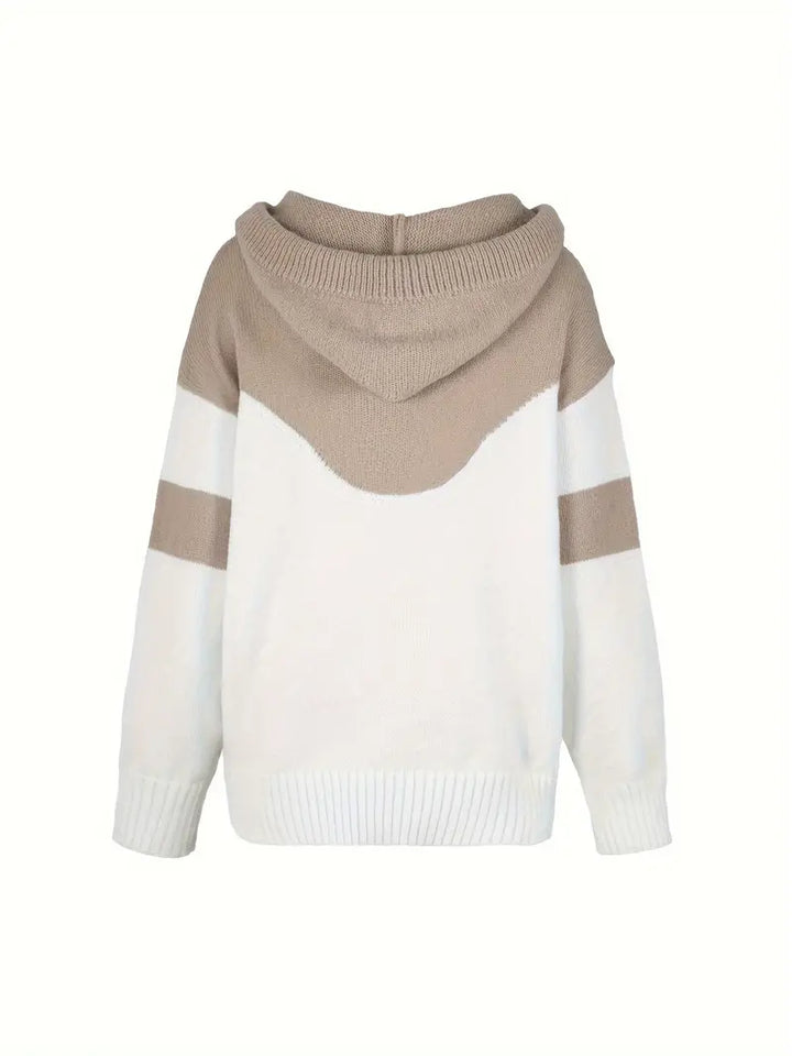 Grey and white dual-tone hoodie with hood and drawstring, back view