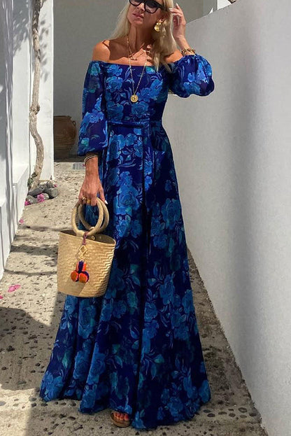 Blue floral off-shoulder maxi dress with gathered waist and puff sleeves