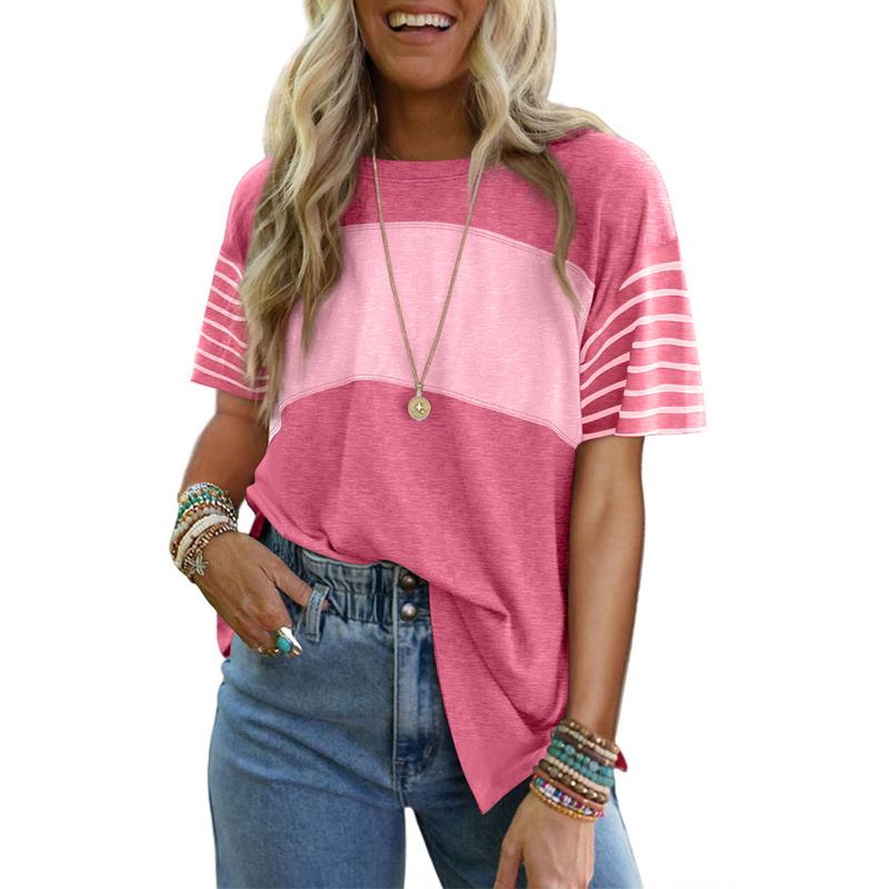 Breathable stripe crewneck top in heather pink with lighter pink horizontal panel