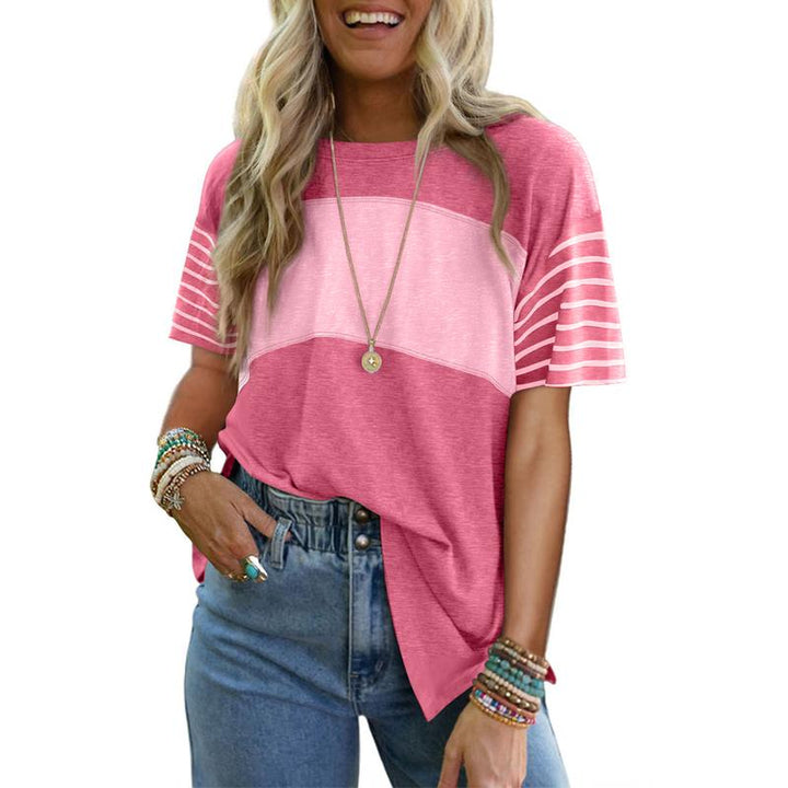 Breathable stripe crewneck top in heather pink with lighter pink horizontal panel