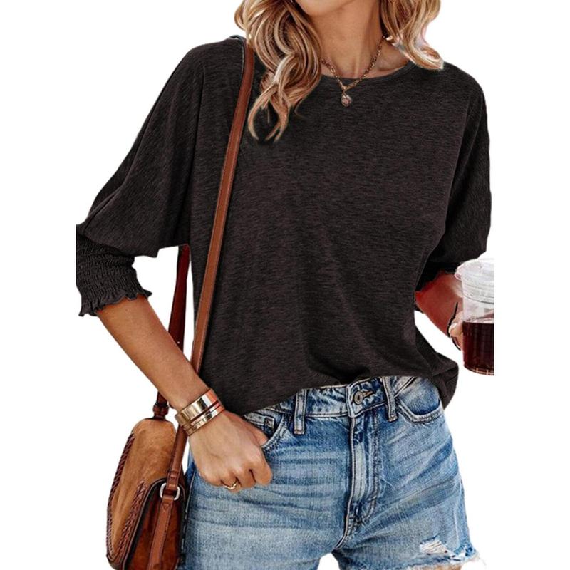 Black lightweight short-sleeve blouse with gathered cuffs and relaxed fit