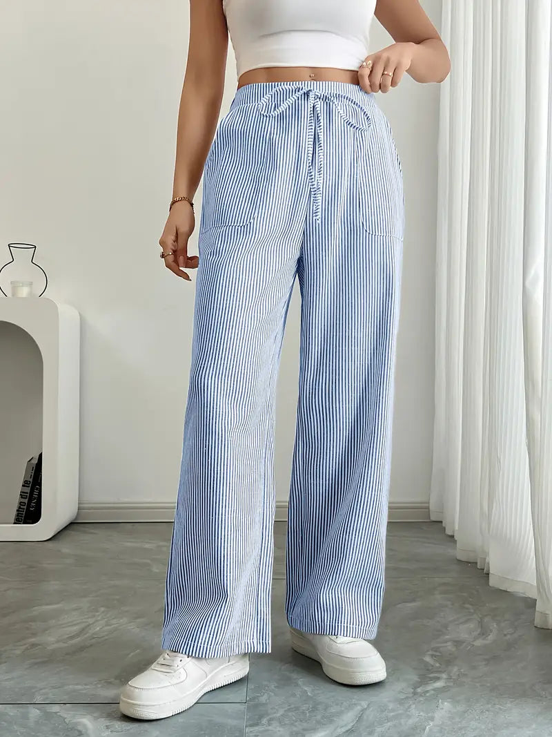 Blue striped wide-leg pants with drawstring waist and side pockets