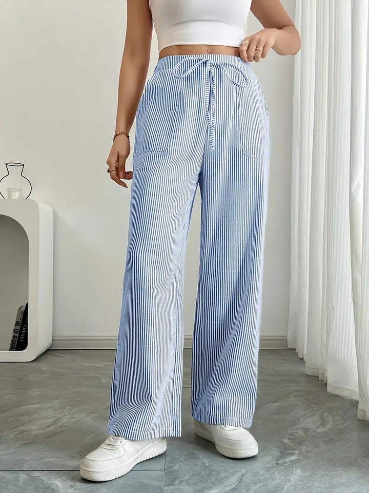 Blue striped wide-leg pants with drawstring waist and side pockets