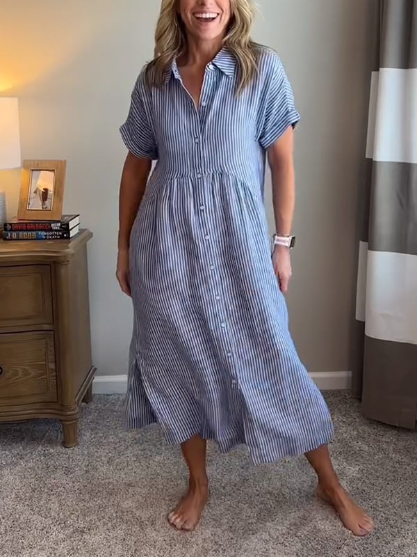 Blue and white striped button-up midi dress with short sleeves and front buttons
