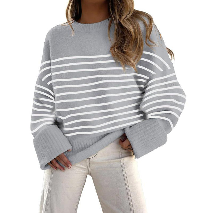 Long sleeve crewneck pullover sweater, gray with white horizontal stripes